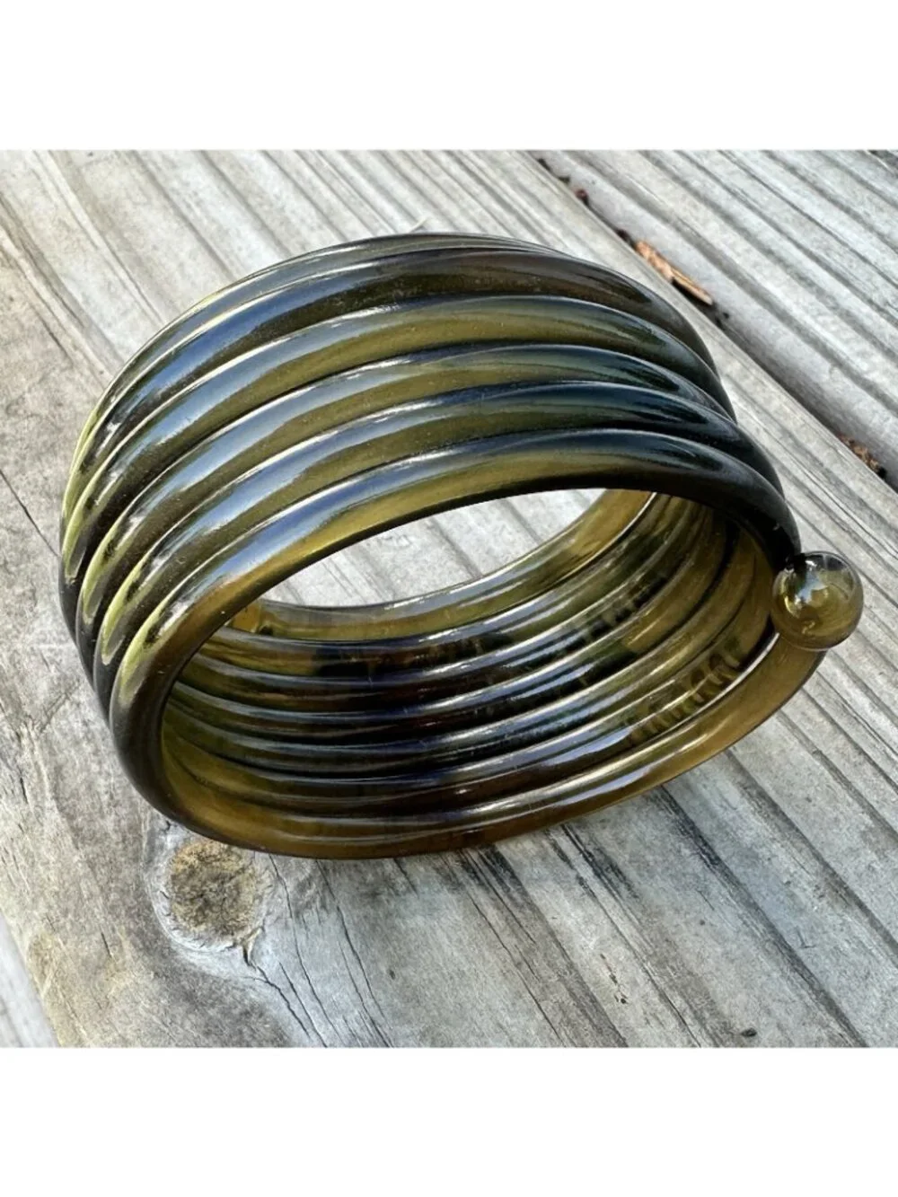 RARE Art Deco Clear Green Celluloid Rhinestone Coil Wrap Bangle Bracelet Snake